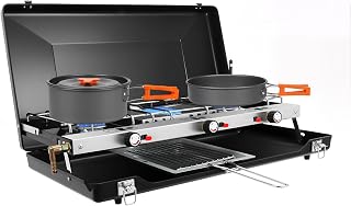 Hornillo de camping portátil, 4,5 kW, 3 fuegos, plegable con asa estable, compatible con propano y butano, hornillo de gas compacto para camping, barbacoa, picnic