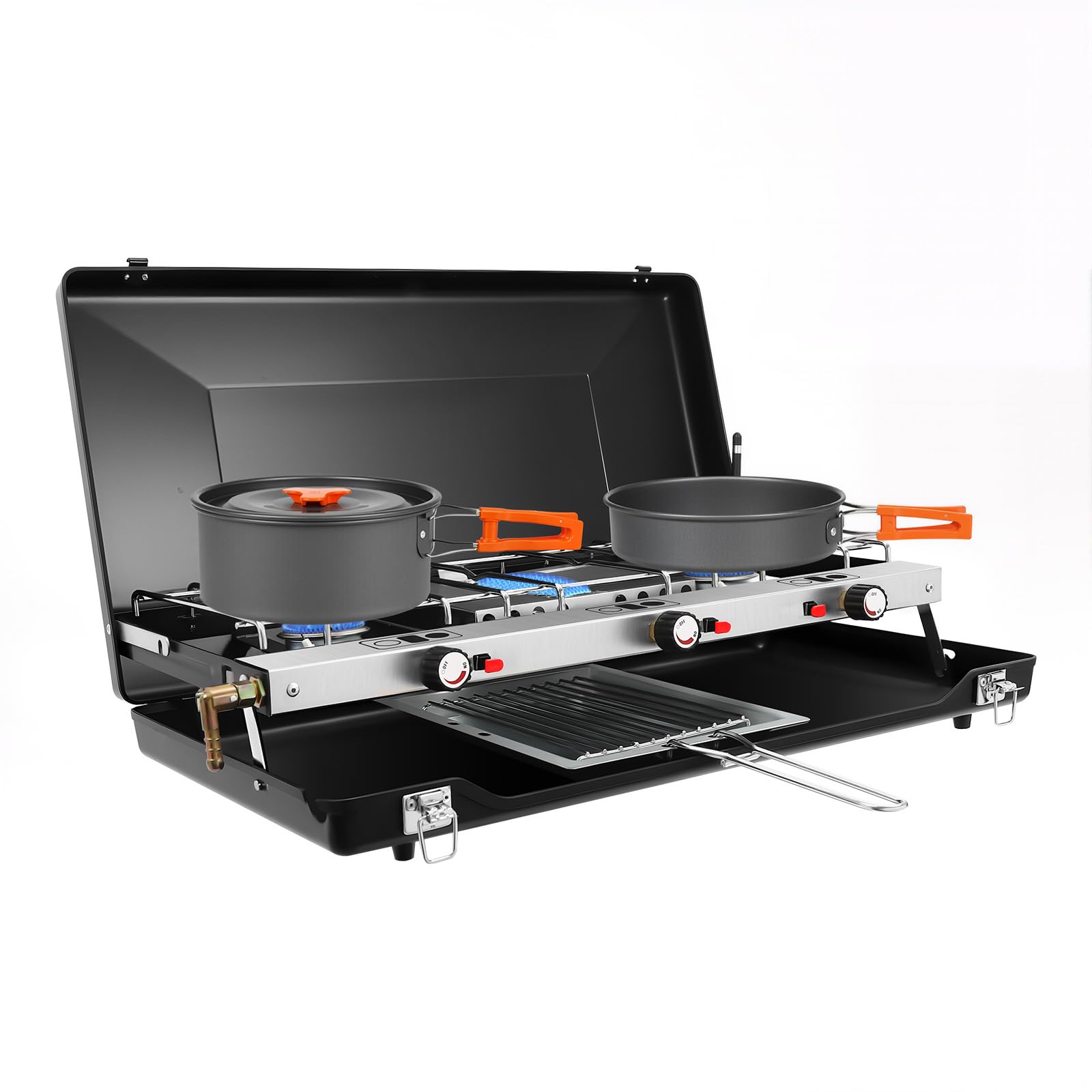 Hornillo de gas, 3 llamas plegable, para exteriores | 3 llamas con 1500 W de potencia, diseño plegable, cortavientos, portátil, para camping, cocina al aire libre