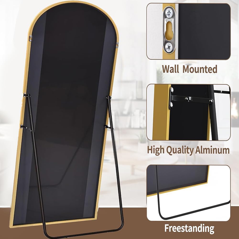 Dewfig Espejo arqueado de longitud completa, 65 x 22 pulgadas, espejo de pie dorado con soporte, estilo clásico moderno, vidrio HD inastillable, 71 x 30 pulgadas