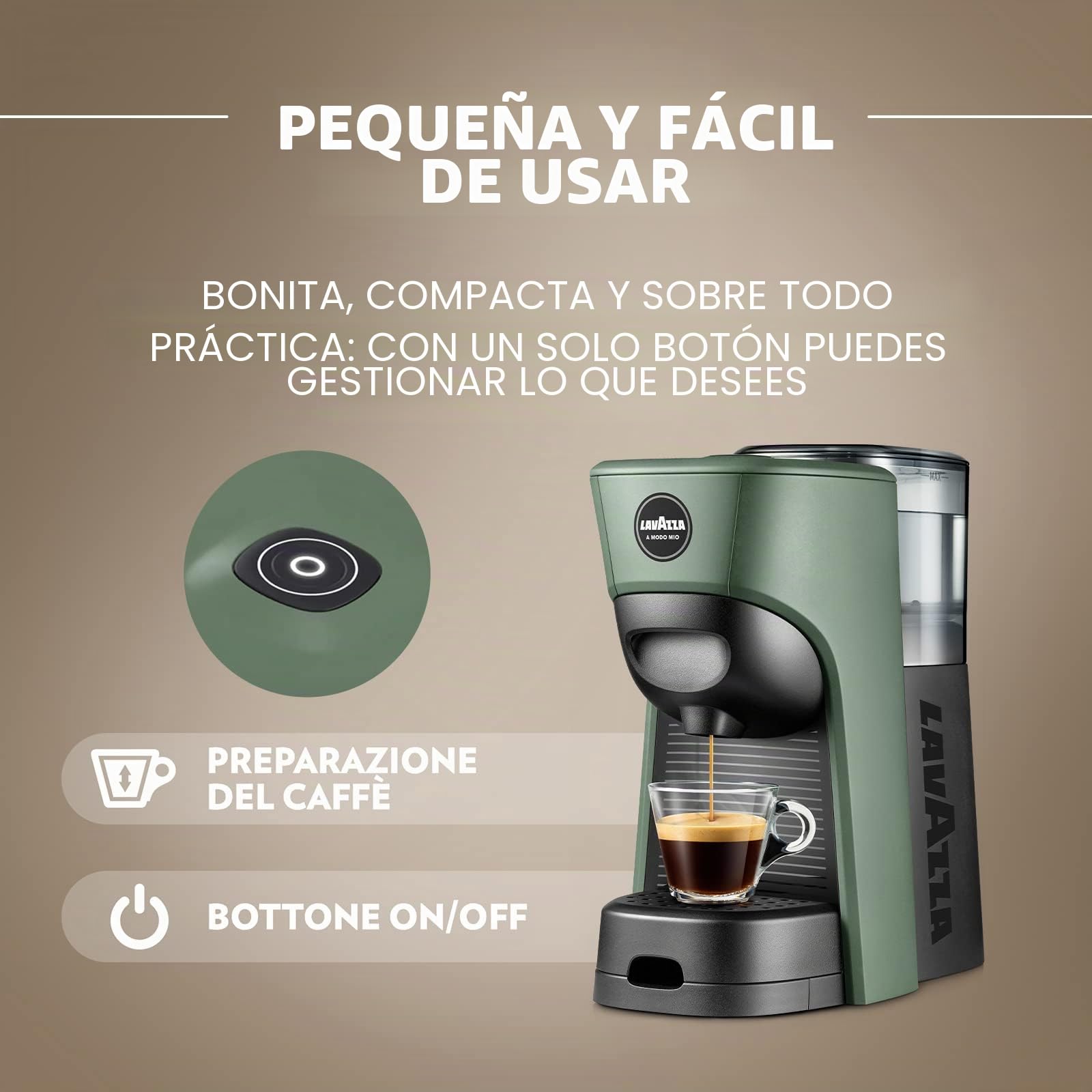 Lavazza, A Modo Mio - Máquina de café Tiny Eco verde con 64 cápsulas ¡Tierra! Surtidas, cafetera expreso de plástico reciclado, 1450 W, 220-240 V, 50/60 Hz, 0,6 litros
