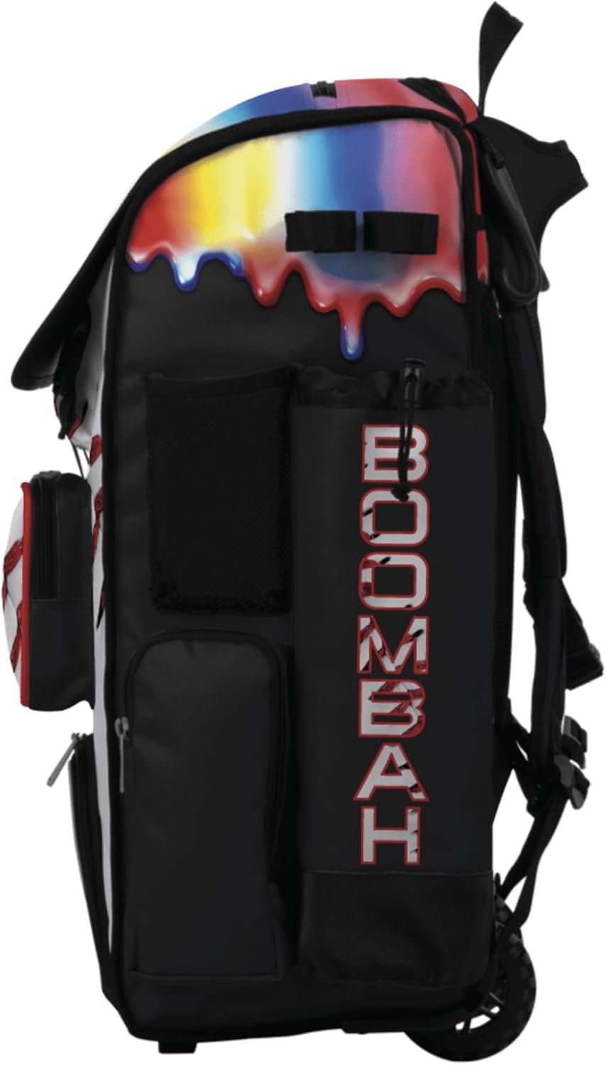Boombah Superpack Hybrid Rolling Bat Bag - Wheeled & Backpack Version - Baseball Homerun Drip White/Black/Red