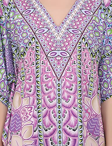 Image of Miss Lavish London Purple Ethnic Print Kaftan Dresses for Women V Neck Batwing Sleeve Beach Vacation Bikini Swimsuit Cover,Plus Size African&Dubai Caftan Maxi Beach Dress with Side Slits-Purple-M