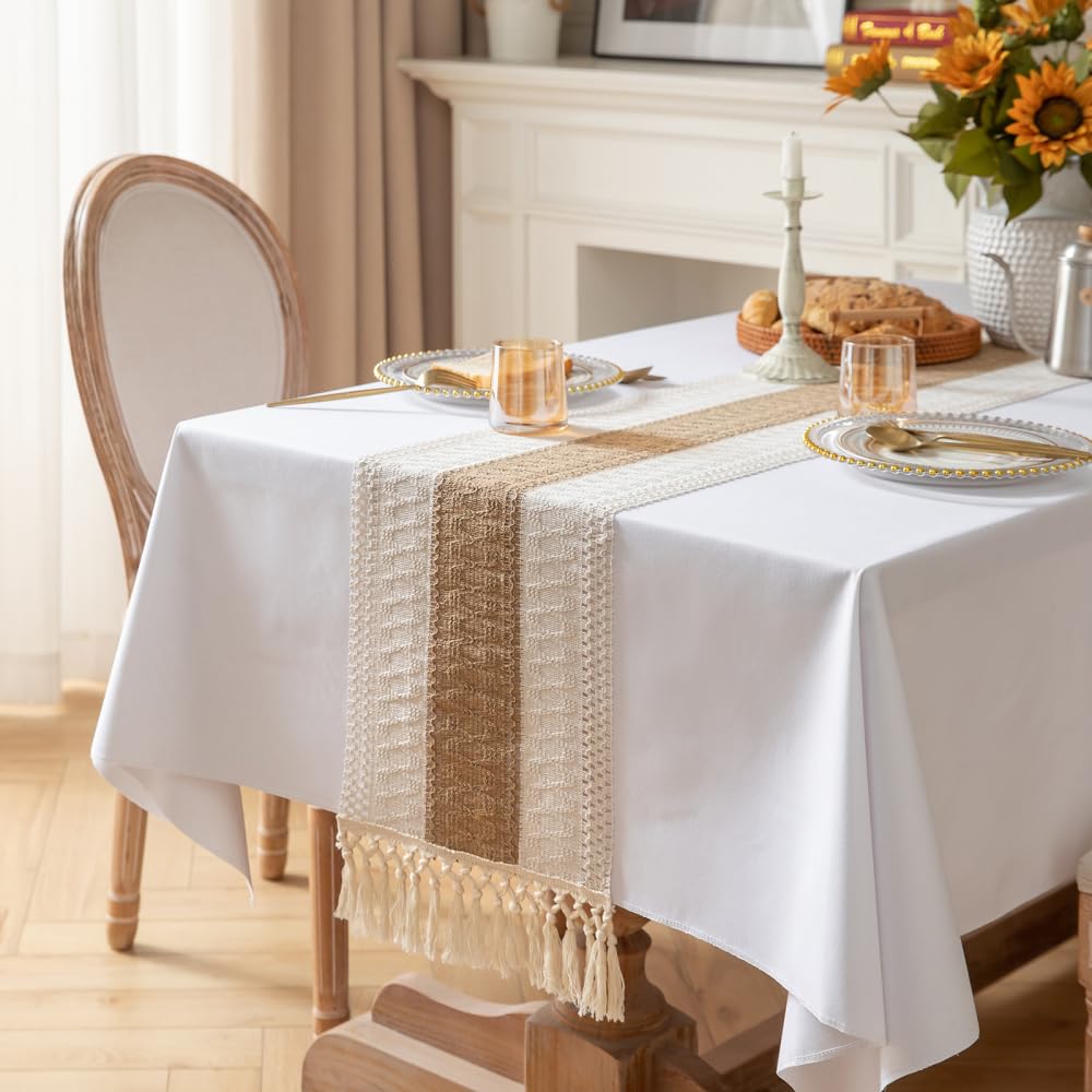 DONGKER Table Runner,Linen Rustic Beige Tabletop Runners,Macrame Table Runner with Tassels for Holiday Parties and Everyday Use