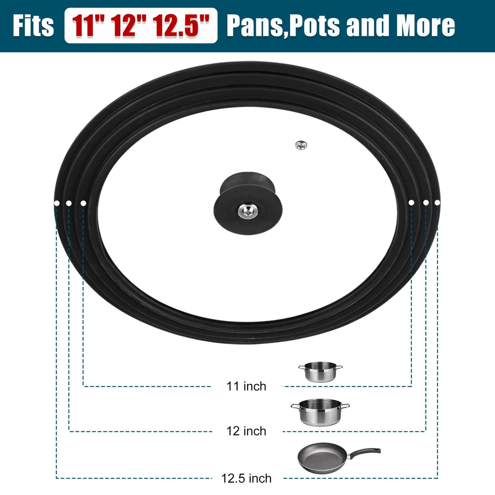 Universal Silicone Lid for Frying Pans Pots and Skillets, Tempered Glass Pan Lid with Heat Resistant Silicone Rim - Image 2