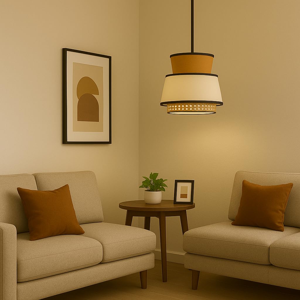 Lampshade with Boho Style - Statement Lampshade with dual color Fabric and Rattan | Premium fabric with handwoven rattan weave, MS Powder coated frame structure, Brown finish | Suitable for Bedroom-image-16