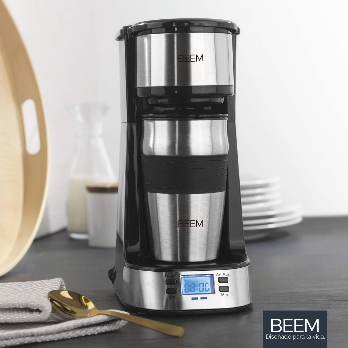 BEEM THERMO 2 GO Cafetera de filtro individual con taza térmica | Incluye taza de café de 0,4 l para llevar | Con temporizador de 24 horas para una taza de café caliente sin esperar | 750 W