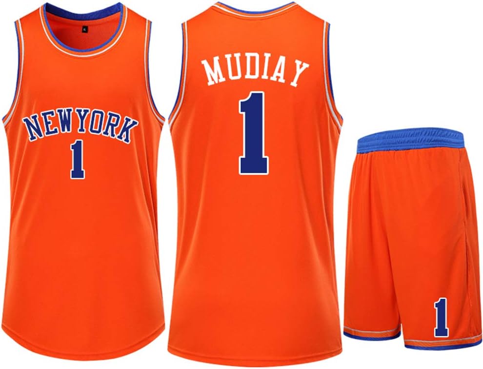 NYN New York Knicks Emmanuel Mudiay #1 Basketball Clothing Suit Men's Jersey Sportswear Sports Training Clothes for Fans Children & Adults Vest Shorts Suit,L