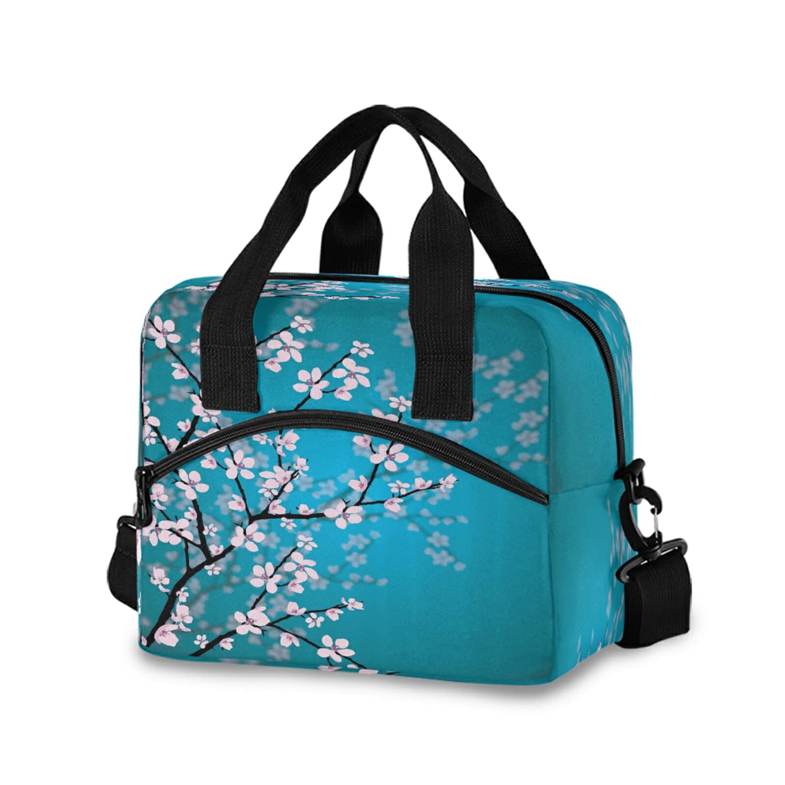 AUUXVA Cherry Blossom Flower Lunch Bag Reusable Lunch Tote Bag Thermal Cooler Bag Insulated Lunch Box with Adjustable Shoulder Strap for Office School Outdoor Picnic