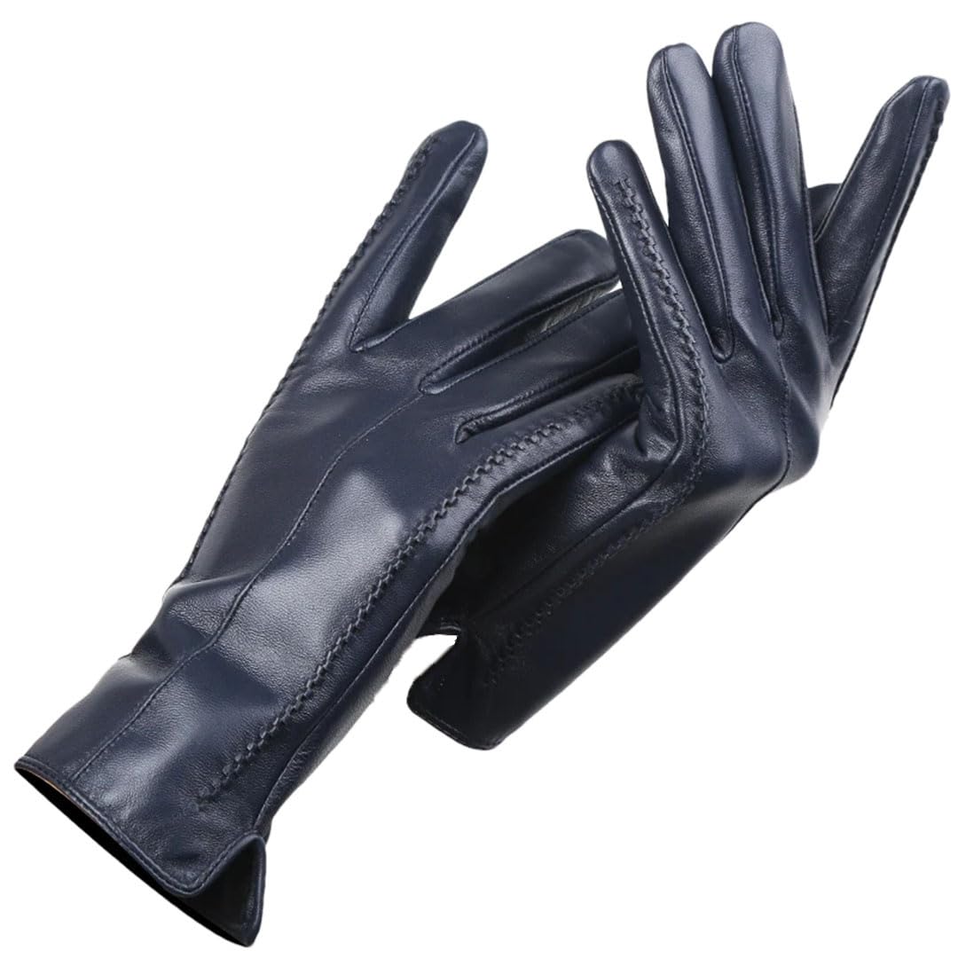 Guantes de cuero de invierno para mujer, color gris claro, 9 guantes de invierno cálidos, guantes simples de piel de oveja, azul oscuro, 8.5, azul oscuro, 8.5