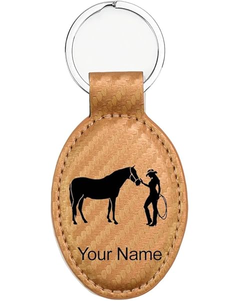 LaserGram Oval Keychain, Horse and Cowgirl, Personalized Engraving Included