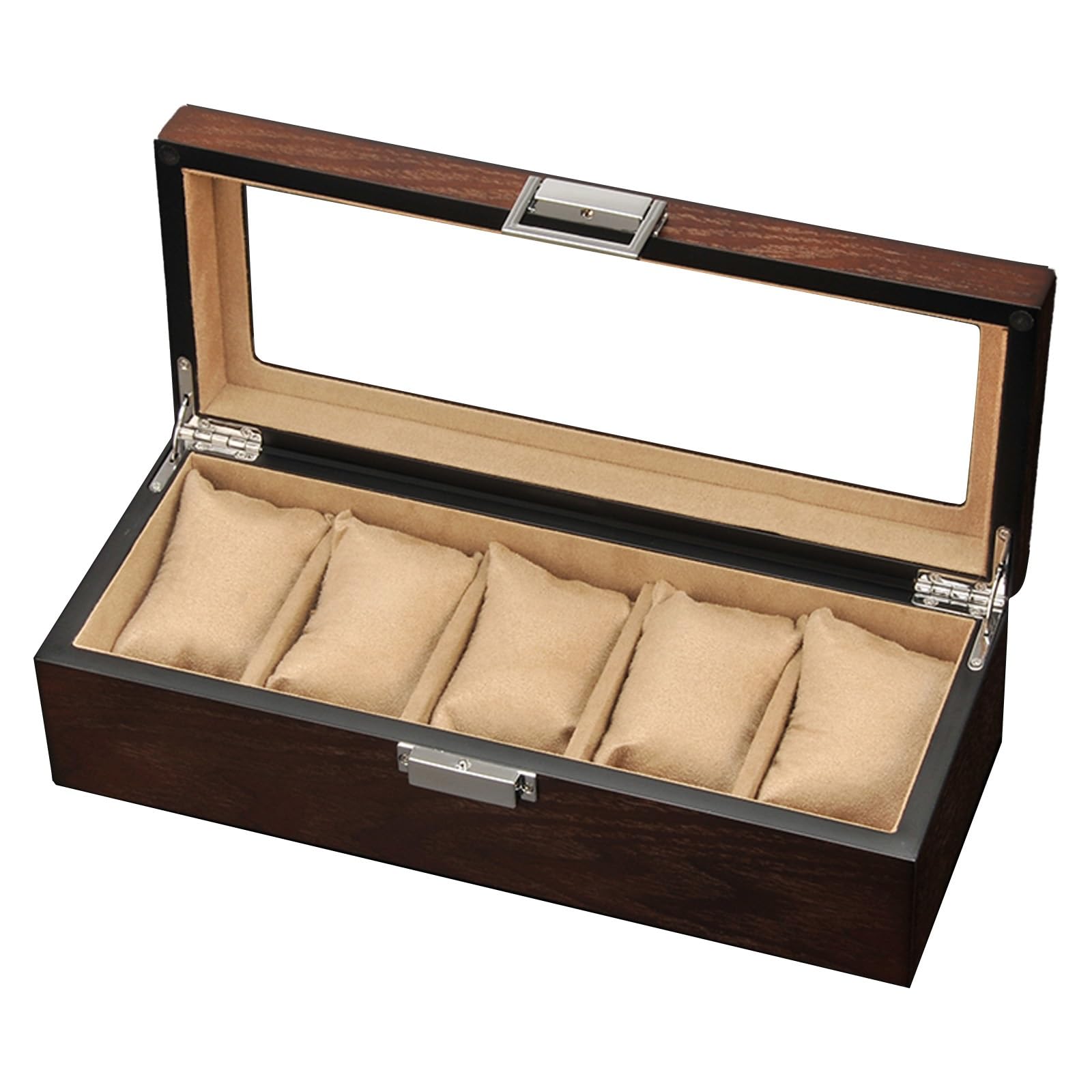 JEKKAH Uhrenbox aus Holz mit Oberlicht, fünfteiliges Schaukästchen aus Holz, Aufbewahrungsbox for Schmuck und Armbänder, Schaukästchen mit Uhrenständer aus Holz(Beige)
