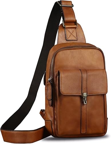Bolso bandolera de cuero genuino Mochila casual de senderismo Mochila vintage hecha a mano Crossbody Bag Retro Chest Daypack (marrón)