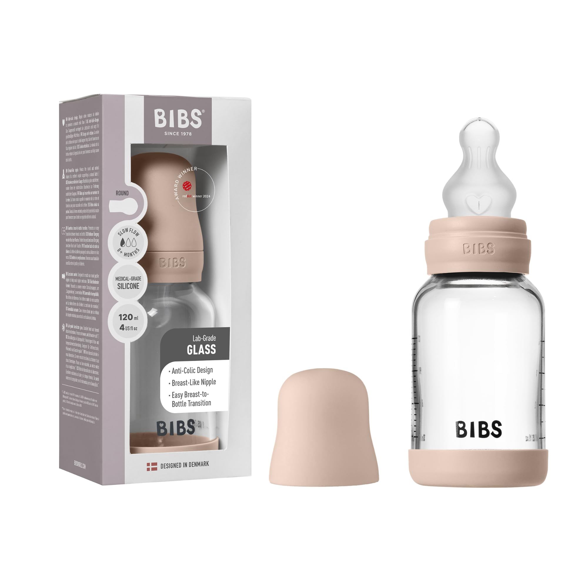 BIBS Baby Glasflasche 120ml, Vermindert Koliken, Runder Sauger aus Silikon, Unterstützt das Stillen. Hergestellt in Dänemark, Complete Set, 120ml - Blush