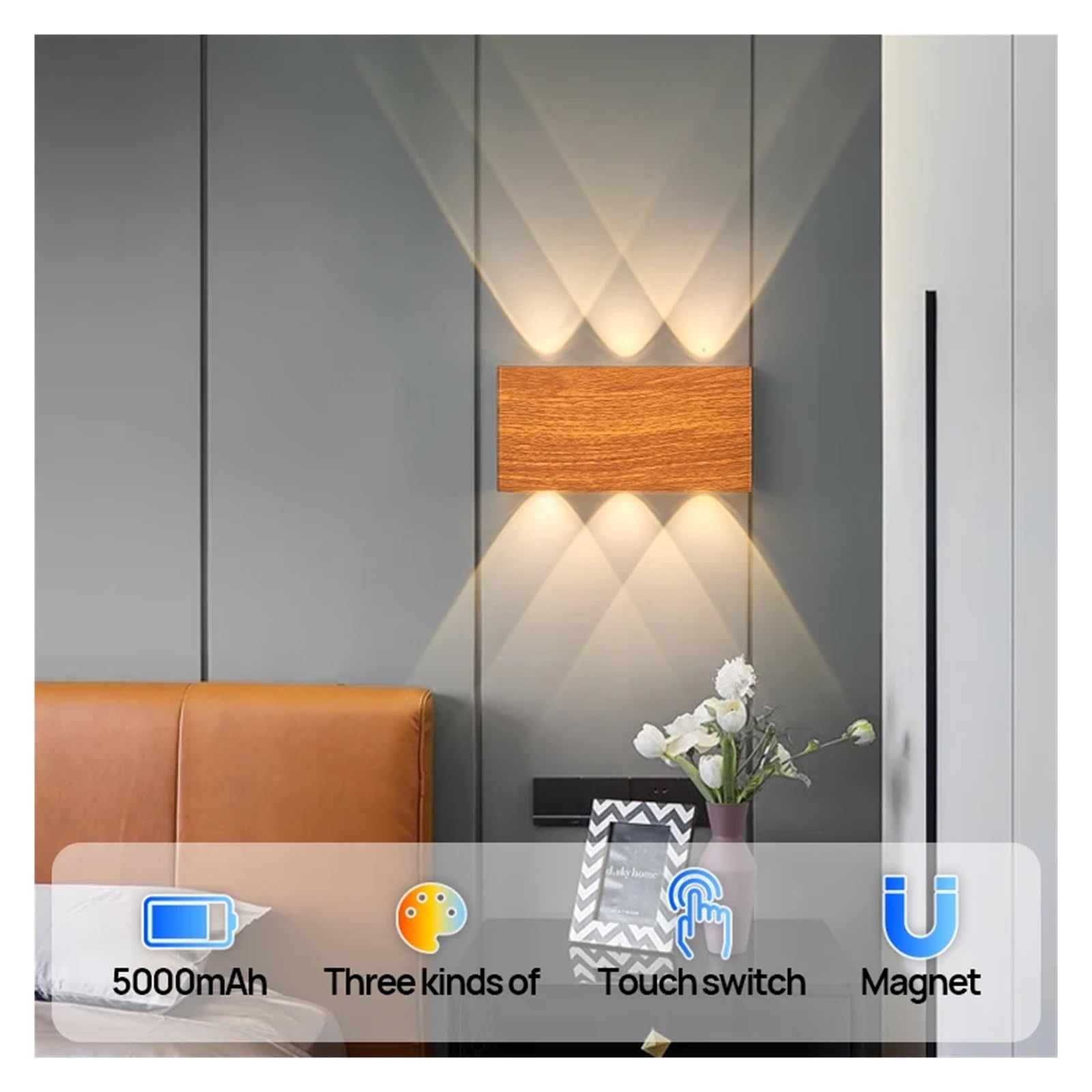 Minimalistyczna lampa ścienna LED z funkcją ładowania, 4000 mAh, dotykowa, trójkolorowa, bezprzewodowa, do dekoracji wnętrz, lampka nocna, korytarz, sypialnia(WA806B-White)