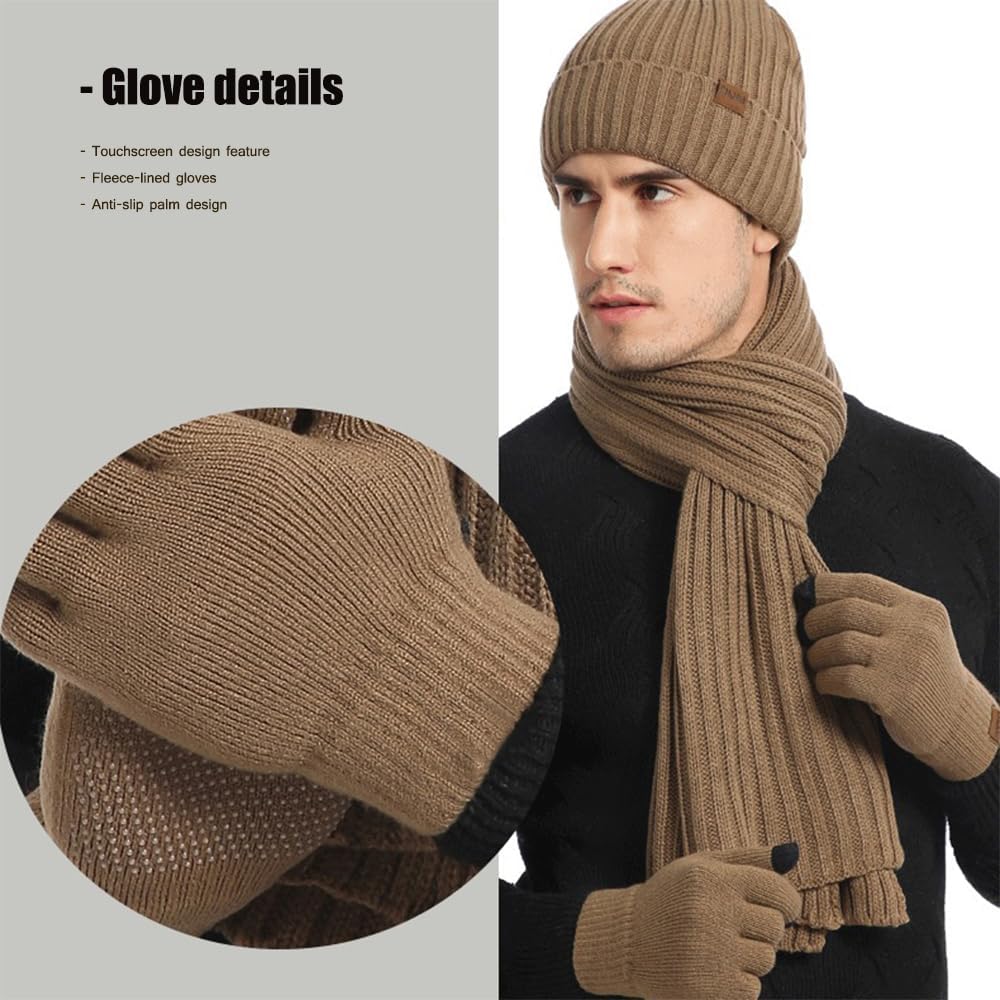 Winter Hats Scarf for Men with Touchscreen Gloves Set Warm Men's Beanie Hats Thermal Gloves and Long Scaves - Image 6