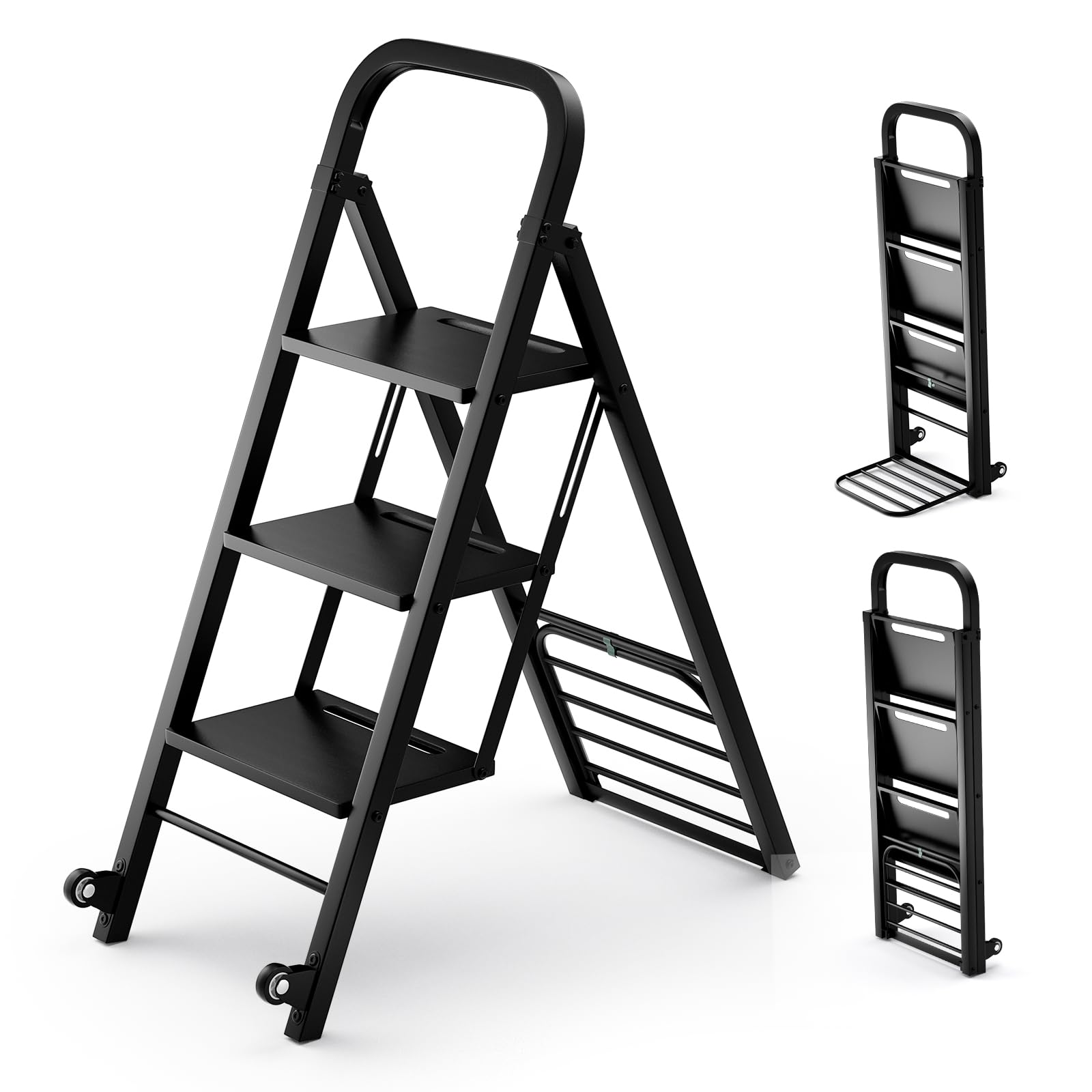 COSTWAY 2 in 1 Folding Hand Truck Combination Trolley & 3 Steps Ladder with 2 Wheels and Sturdy Metal Frame, Wheelbarrow Load Max 250 kg, Ladder Load Max 200 kg