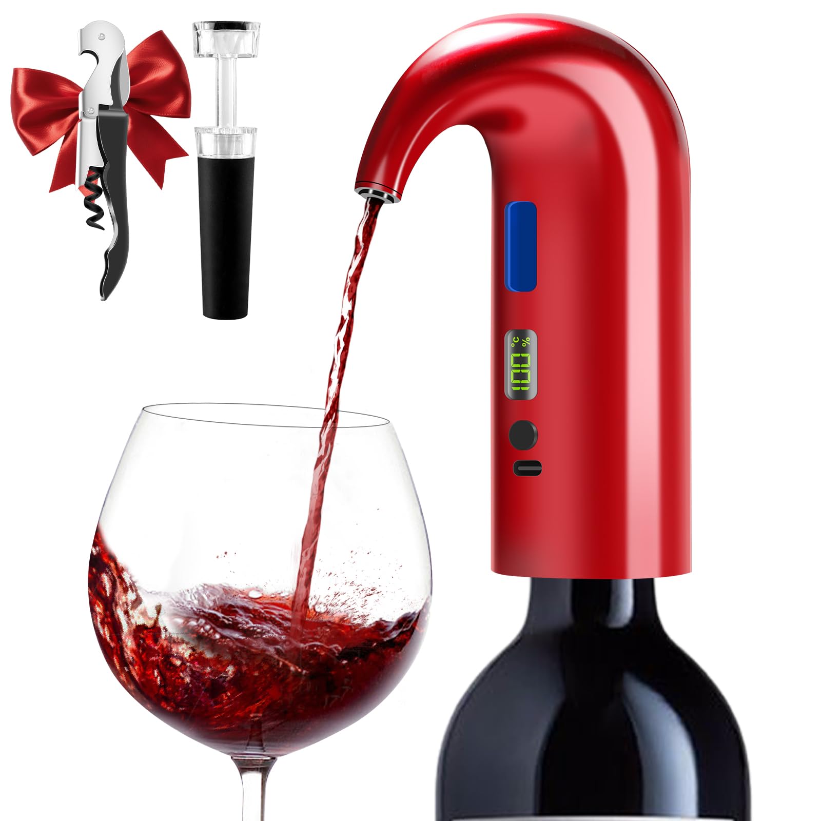 Decantador de vino eléctrico, dispensador de aireador, dispensador de vino medible con indicador de temperatura del vino, dispensador de vino inteligente con recargable tipo C (Rojo)