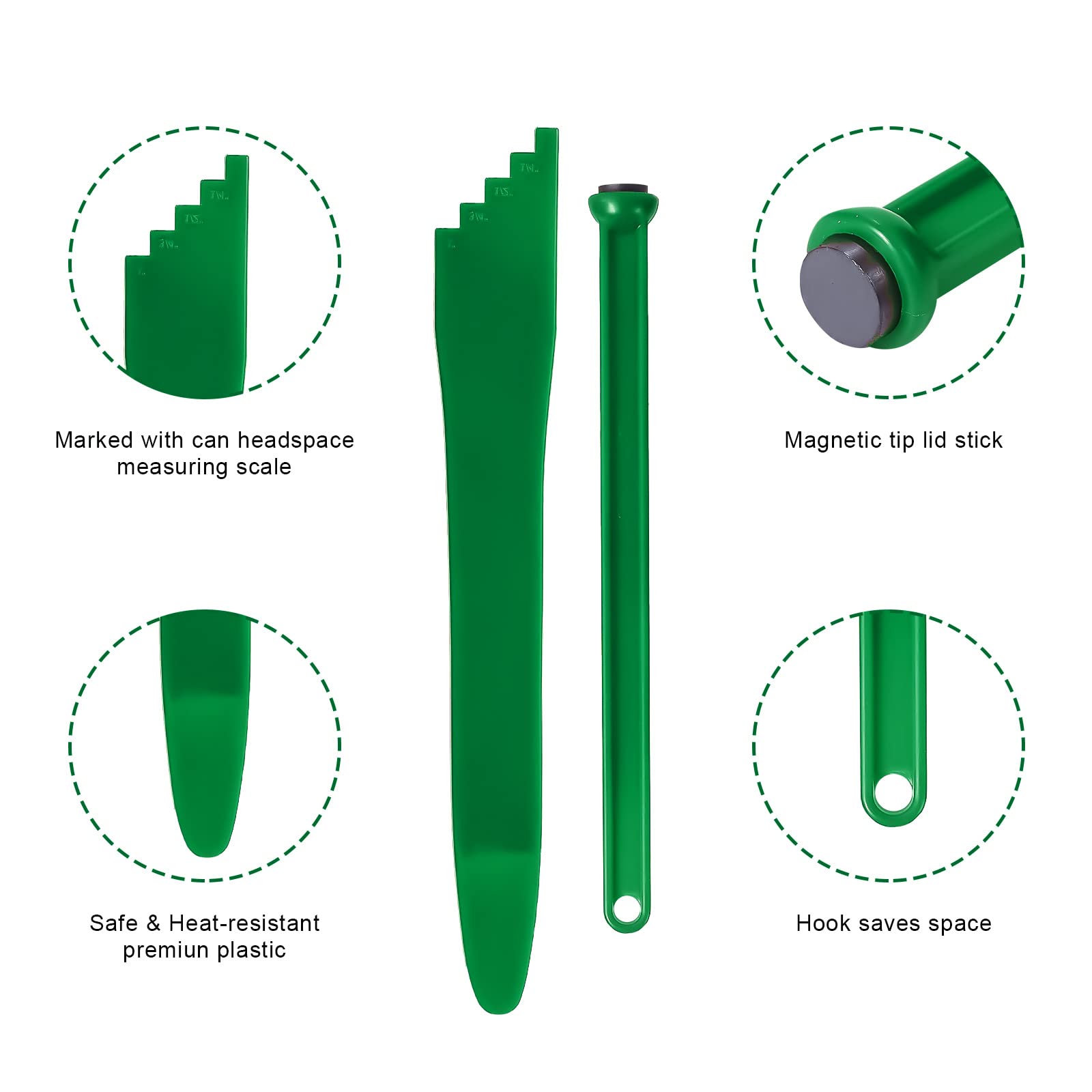 4pcs Kit de Mise en Conserve, 2pcs Lève-Couvercle de Bocal Magnétique et 2psc Canning Bubble Popper Bubble Remover Canning Measurer Supplies pour Conserver les Fruits et Légumes (Vert)