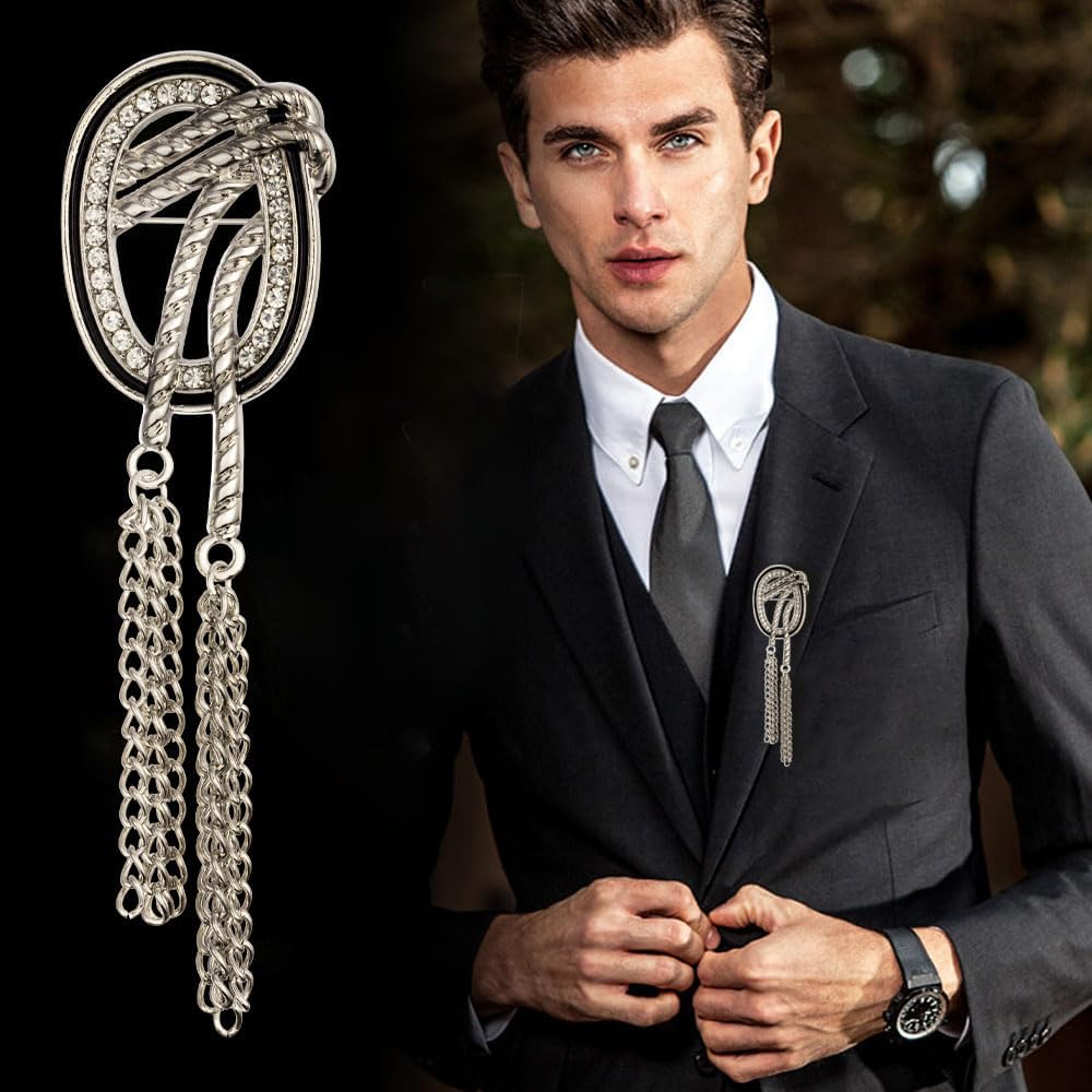 Rhinestone Oval Suit Pin with Hanging Chains Number 7 Collar Pin for Shirt Suit Tuxedo Tie Stud Brooch Tassel Suit Jewelry Accessories