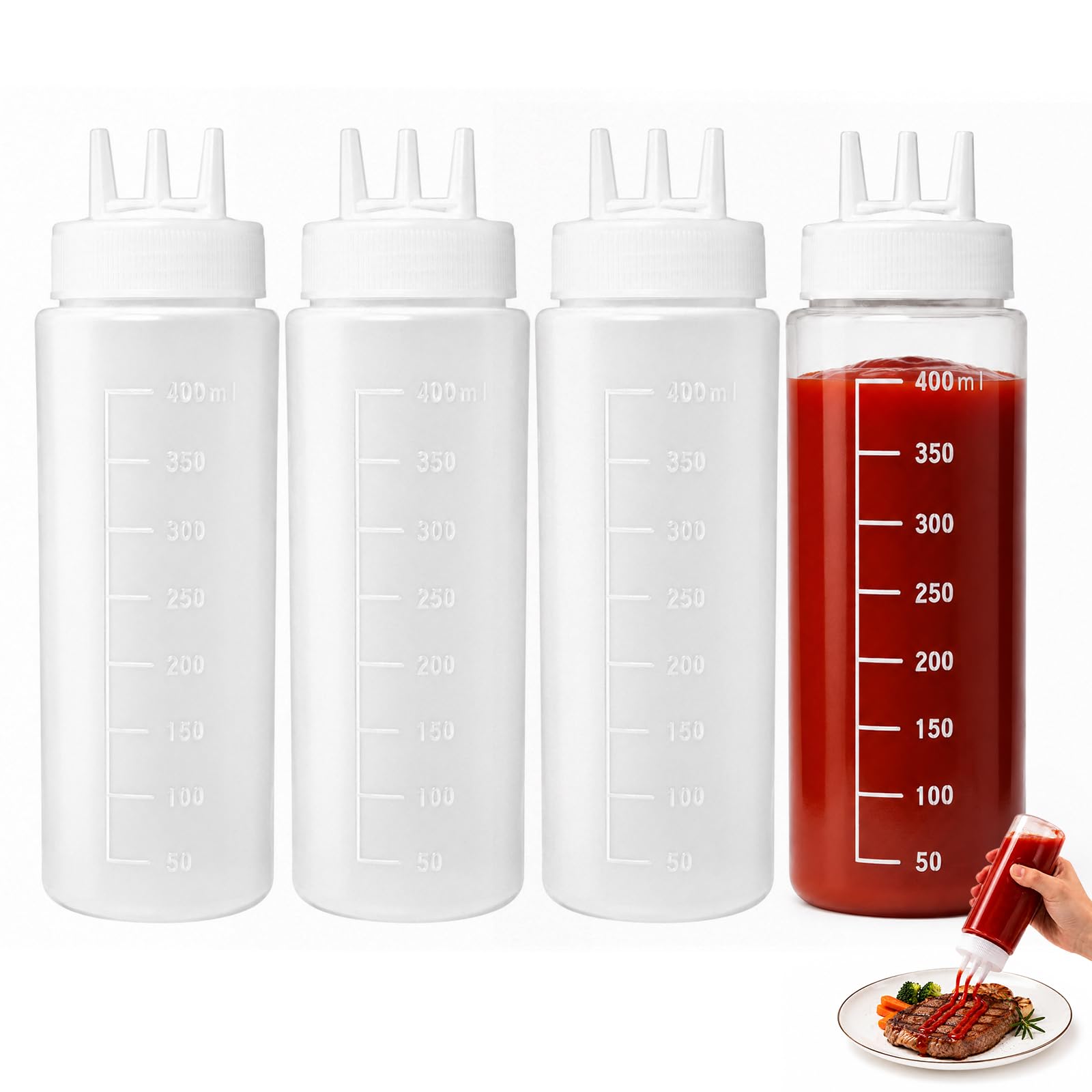 Muexoee Condiment Squeeze Bottles 4 Pack, 13.5oz/400ml Large Plastic Squeezy Sauce Bottles, Food Grade BPA Free Leak Proof Squeeze Bottles for Sauce Ketchup BBQ Salad Dressing Cooking Art Crafts