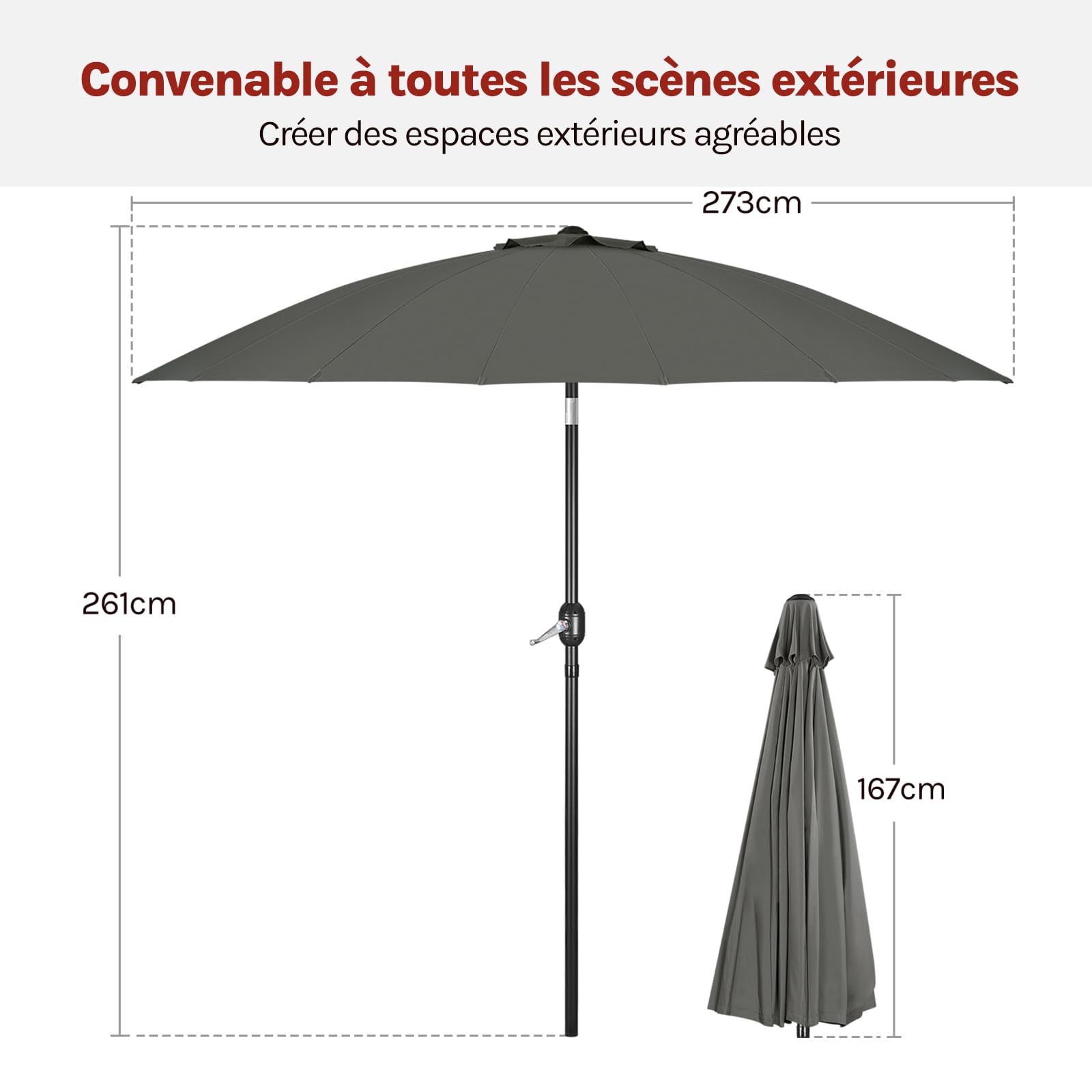 WOLTU Parasol de Jardin Rond ø 257/273 cm, Parasol Inclinable avec Manivelle, Parasol de Balcon avec 18 Baleines en Fibre de Verre, pour Balcon, Terrasse, Patio, Piscine, Gris Foncé