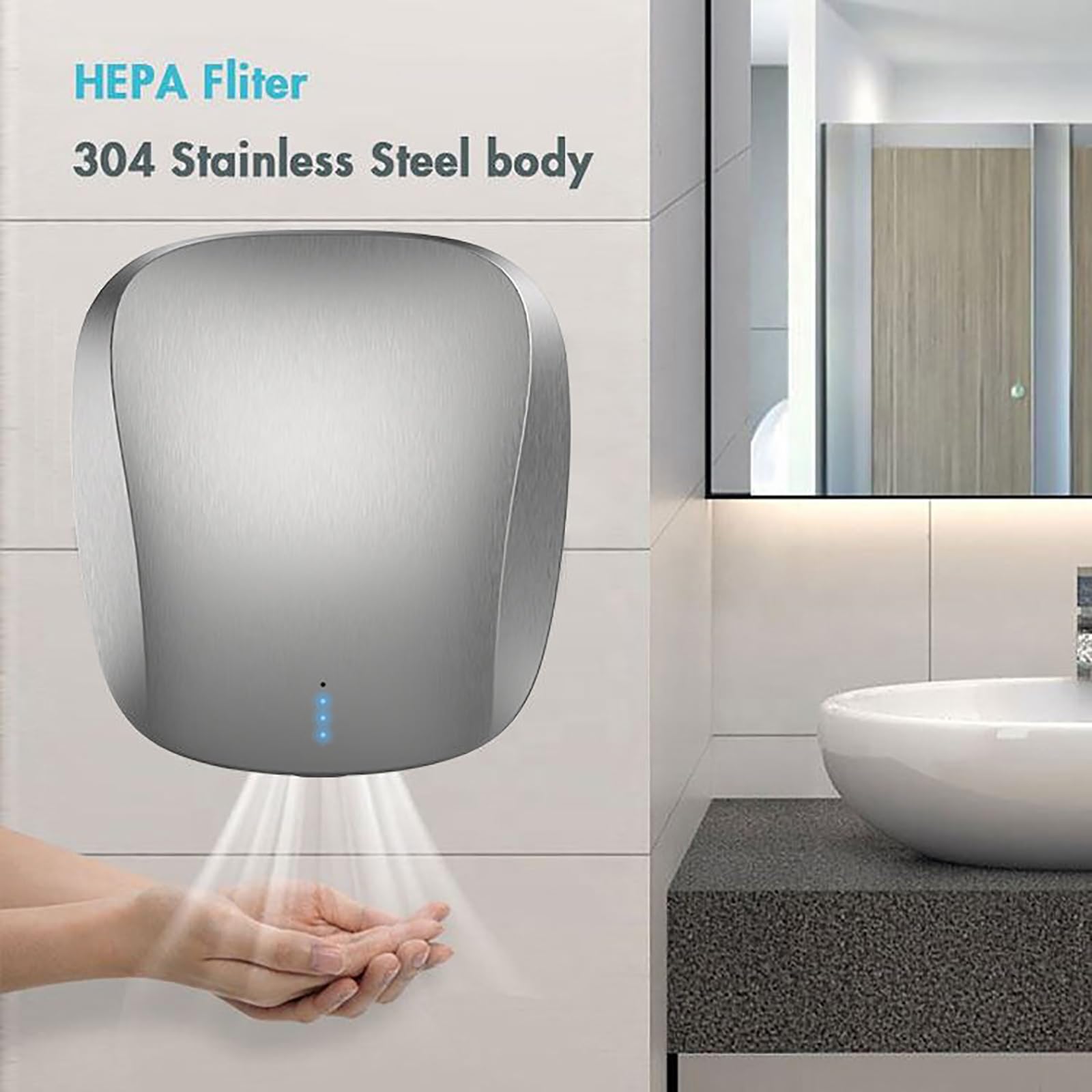 Elektrischer Händetrockner, vertikaler Händetrockner mit HEPA-Filter, Oberfläche aus gebürstetem Edelstahl, energiesparend, elektrisch