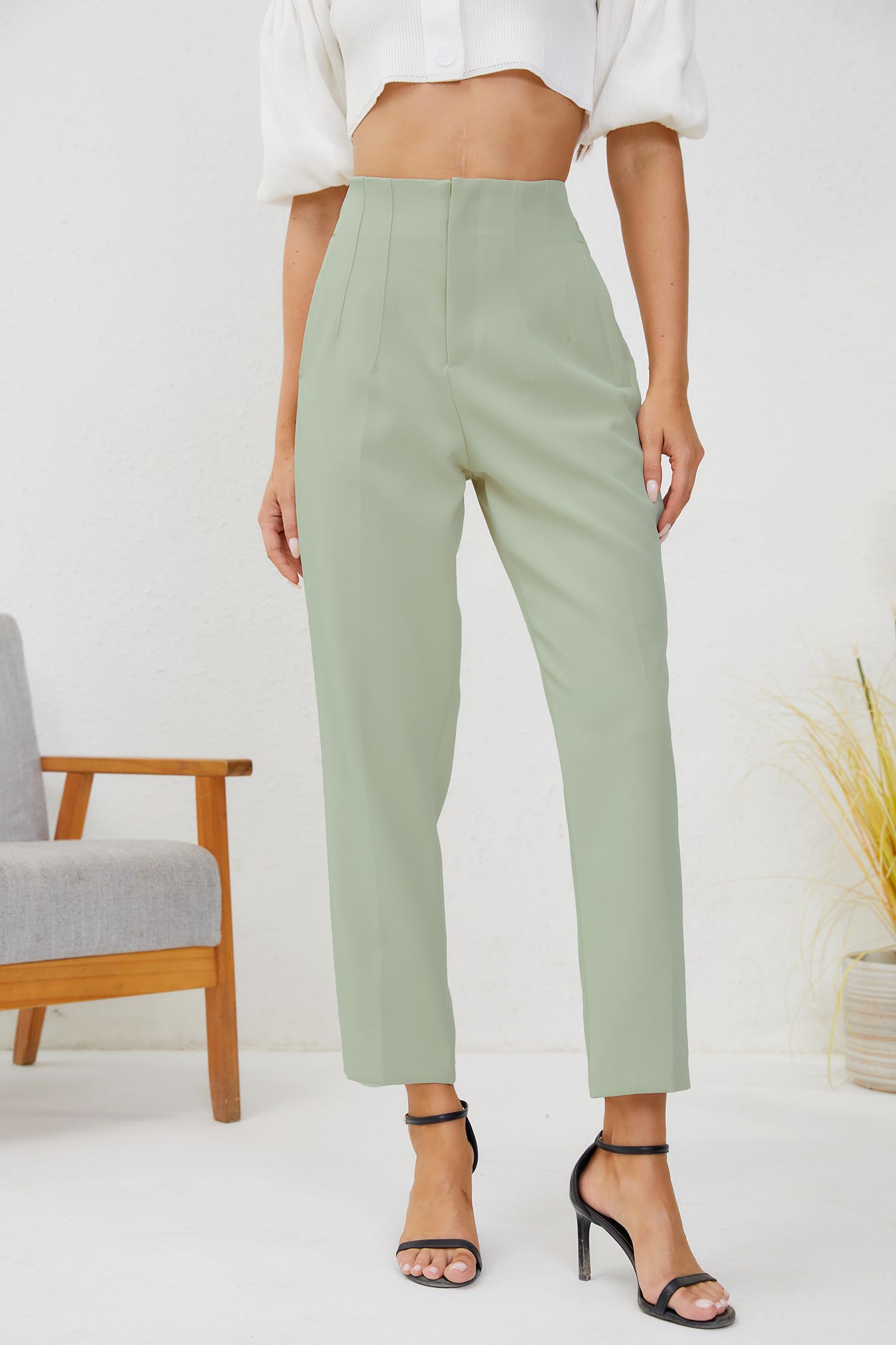 Pantalones de negocios de cintura alta para mujer, pierna recta, plisados, pantalones de oficina