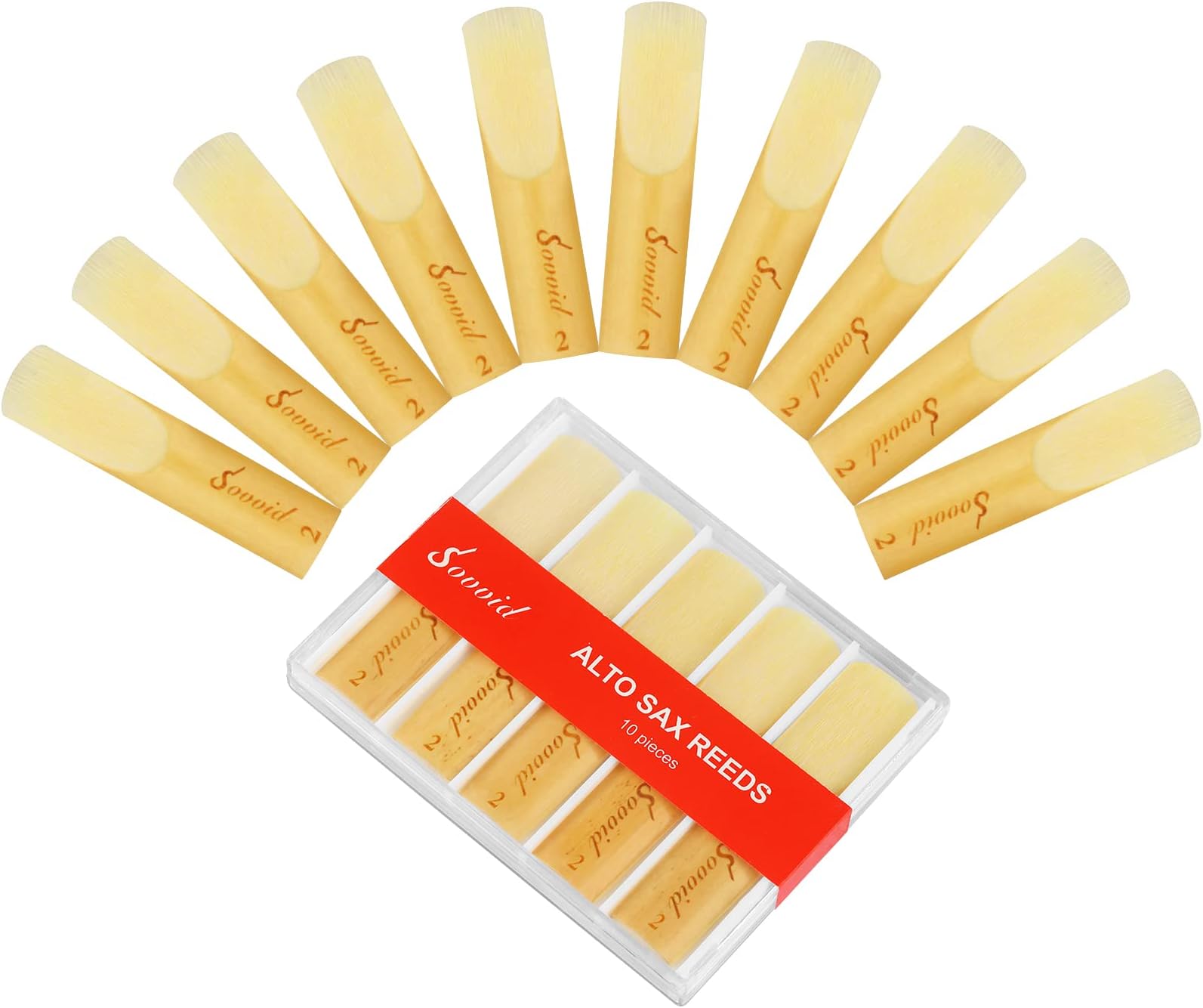 10 Pack Professional Alto Saxophone Reeds with Plastic Box, Strength 2.0 Alto Sax Reeds, Laser Engraved Marking & Thinner Reed Tip for Easy of Play, Traditional Reeds for Saxophone Alto