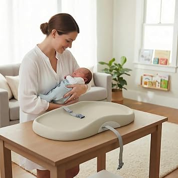 UBRAVOO Baby Changing Mat with Safety Harness and Toys Shelf, Anti-Roll Wedge Baby Changing Pad, Easy Wipe Clean Waterproof with Raised Padded Edges (Beige, Regular Style)