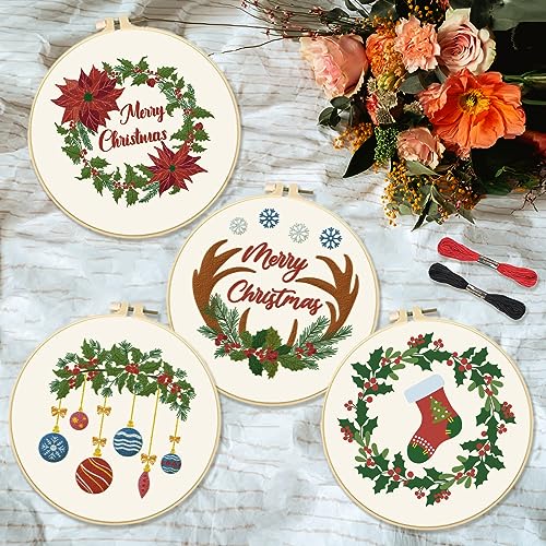 Image of INFUNLY 4 Sets Christmas Embroidery Kits Cross Stitch Kits for Beginners with Instructions Embroidery Starter Kit for Adults 11.8x11.8in Elks Embroidery Kit for Thanksgiving Decor Home Bedroom Wall