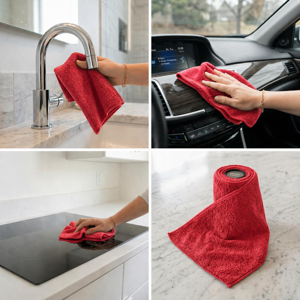 Phoenix Rollo de Microfibra Box de 75 paños de Microfibra Reutilizables – paños de Limpieza mágicos para Ventanas y Coches, Microfibra, 30 x 30 cm, Gruesos y absorbentes, Color Rojo