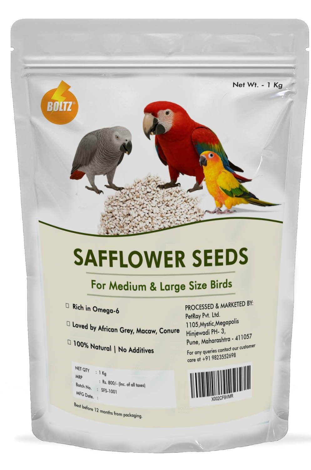 Boltz Safflower Seeds for Birds – 1 Kg Premium Bird Food for Parrots, Doves, Cockatiels, Cockatoos & Cardinals, High Protein & Oil-Rich, Raw & Natural Seeds – No Fillers, Fresh & Clean-image-2