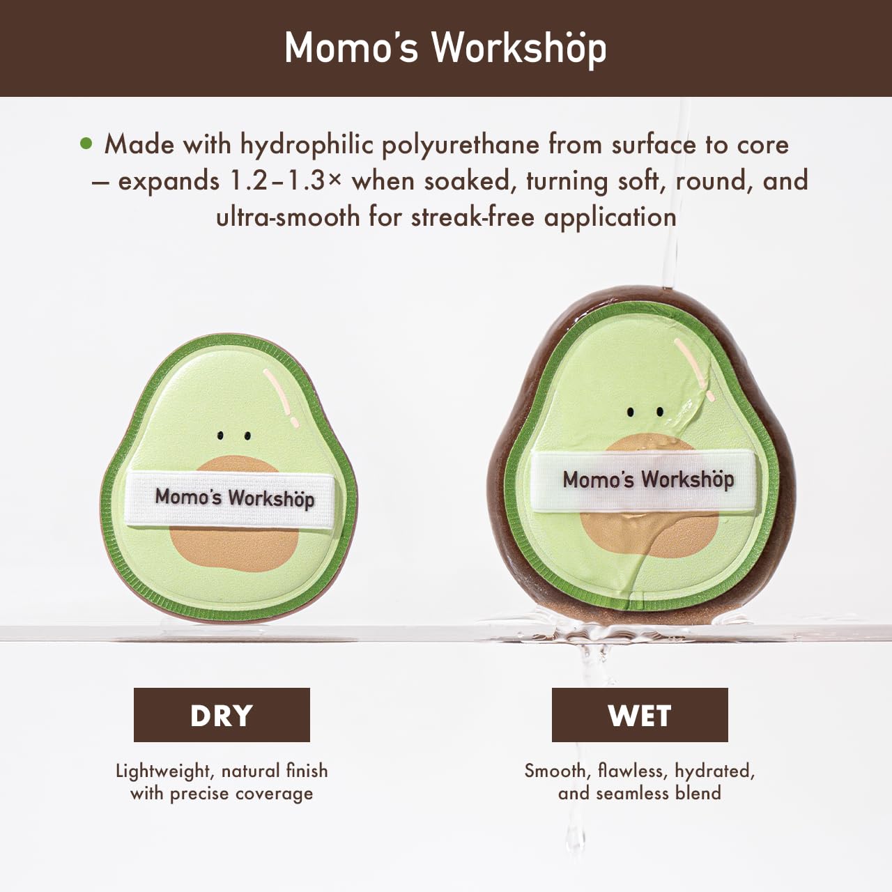 Momo's Workshop Avocado-shaped Makeup Sponge 2Pcs Hydrophilic PU Sponge Dry/Wet for Foundation