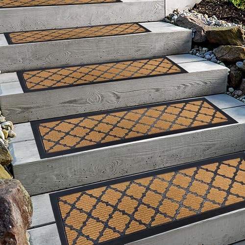 Aucuda 6pcs 8.5' x 30' Stair Treads Outdoor for Elders and Dogs on Wooden Steps, Non Slip Stair Runner Rug Heat Insulation Rubber Backing, Brown Lattice Staircase Mat Carpet for Indoor Grip Farmhouse.
