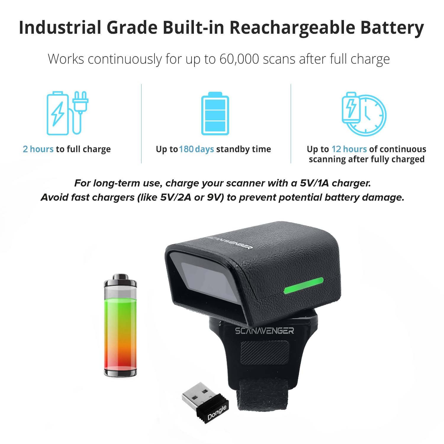 ScanAvenger Escáner de código de barras Bluetooth 1D 2D QR Ring - Mini lector de dedos inalámbrico portátil, USB y 2.4GHz, compatible con iOS, Android, Windows, para almacén, tienda e inventario
