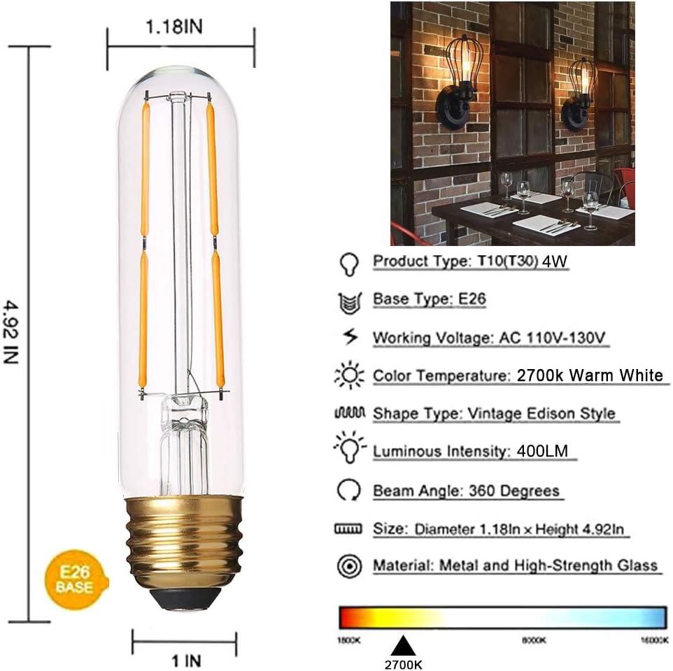 Prоduсt Dеаl Dimmable T10 LED Bulbs Warm White 2700K LED Tubular Edison Light Bulbs 4W Tube Vintage Led Bulbs 40 Watt Equivalent,E26 Base, LED Filament Retro Bulb for Desk Lamp, Pendant Lights,6 Pack