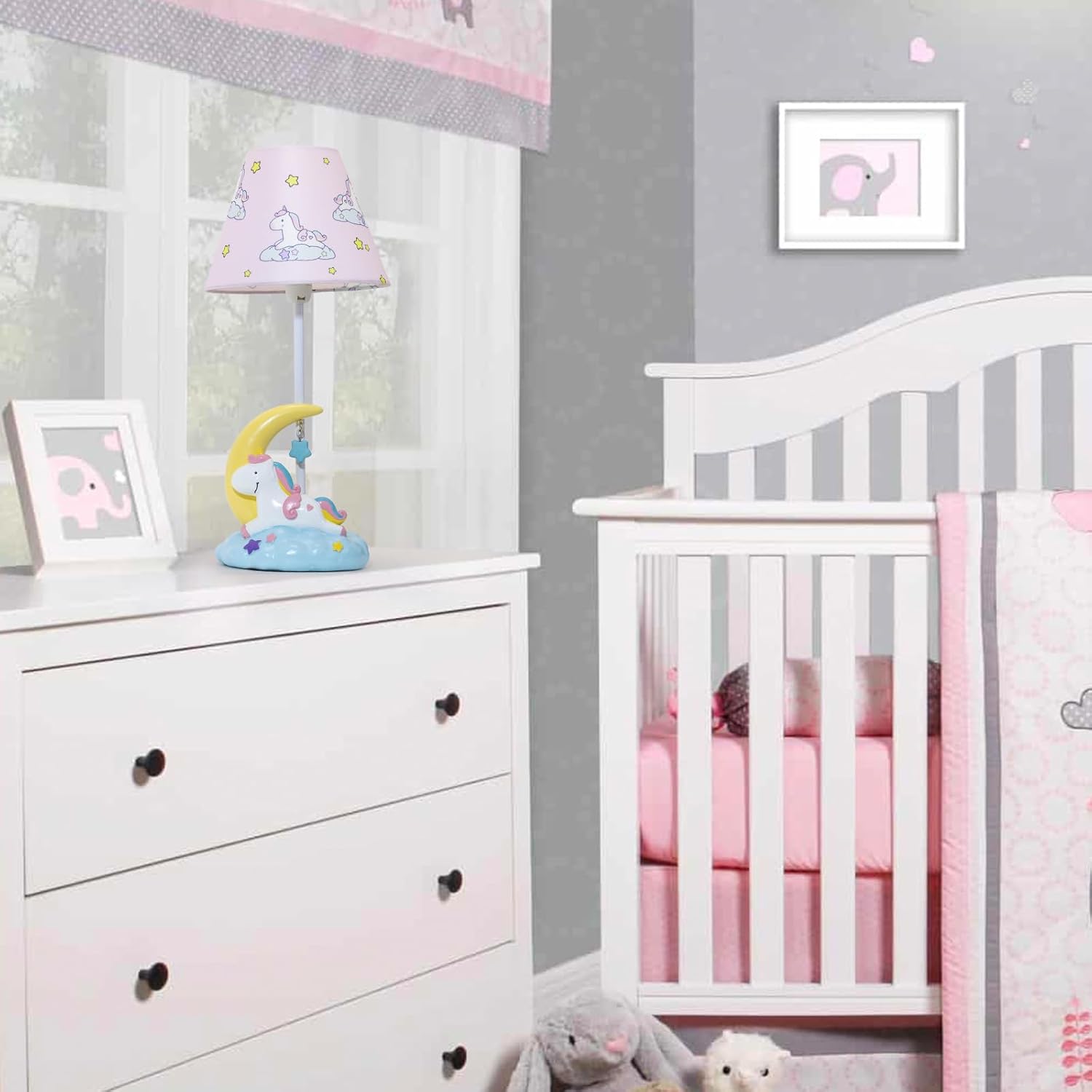 Kids Table Lamp, Adorable Moon Unicorn Style Desk Lamp, 16 Inch Pink Bedside Lamp Ideal for Girls Bedroom Decor, Includes LED Bulb