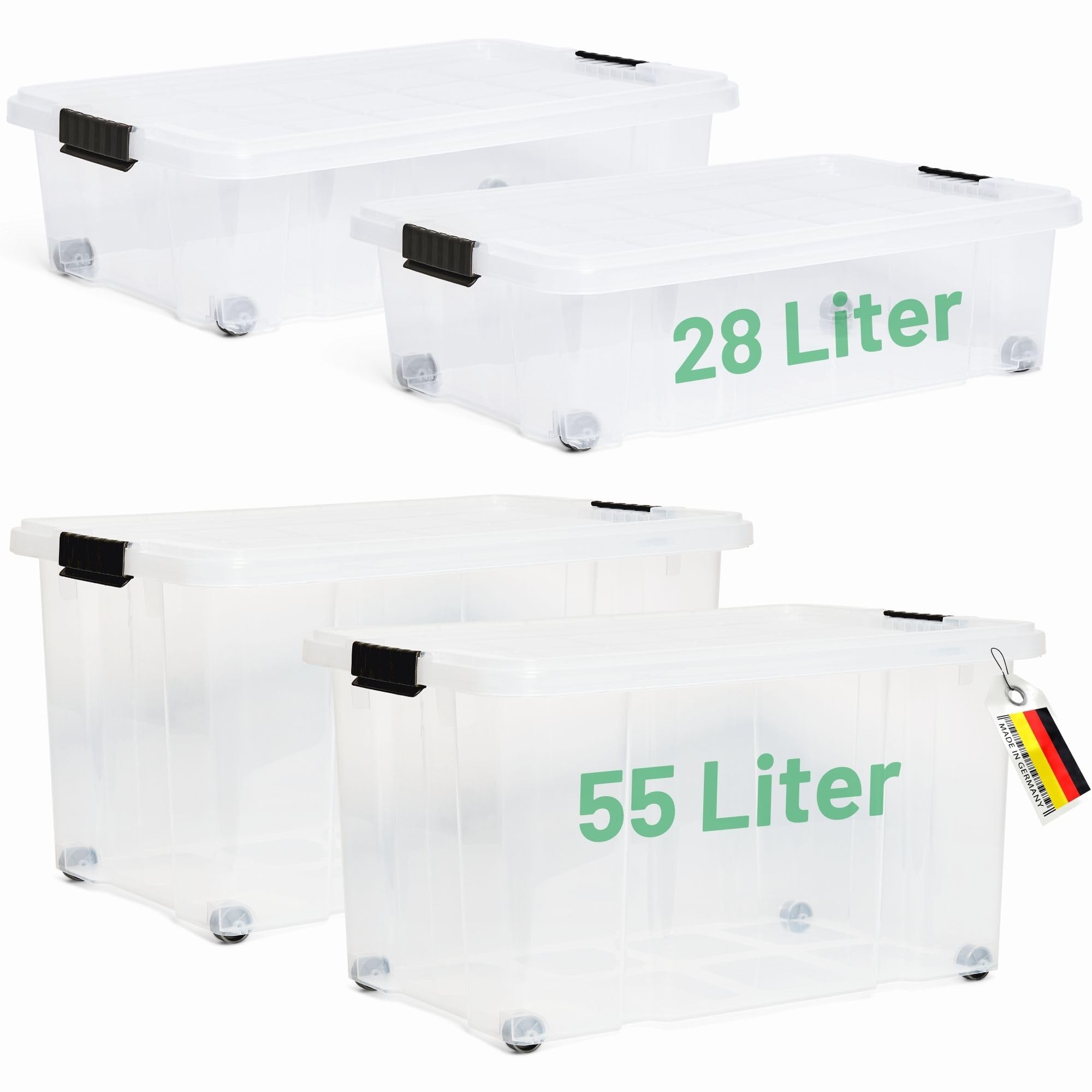 Novaliv 4 TLG Caja de almacenaje con tapa transparente 2 x 55 L + 2 x 28 L nido apilable, cierre de clip, sin BPA