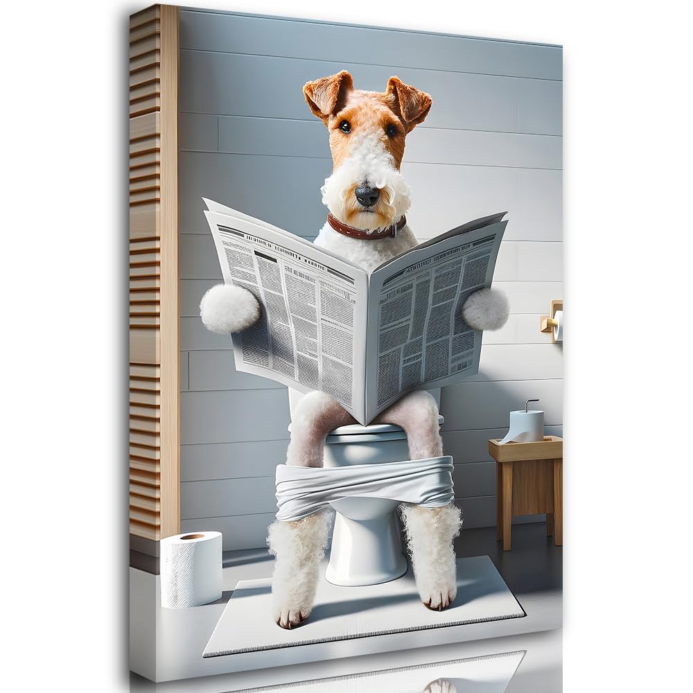 Reateforin Wire Fox Terrier Wall Art Funny Dog Bathroom Decor Wall Art Terrier in Toilet Pictures Animal in Toilet Posters Petshop Art Dog Art Terrier Decor for Bathroom Prints Artwork Picture 24"X36"