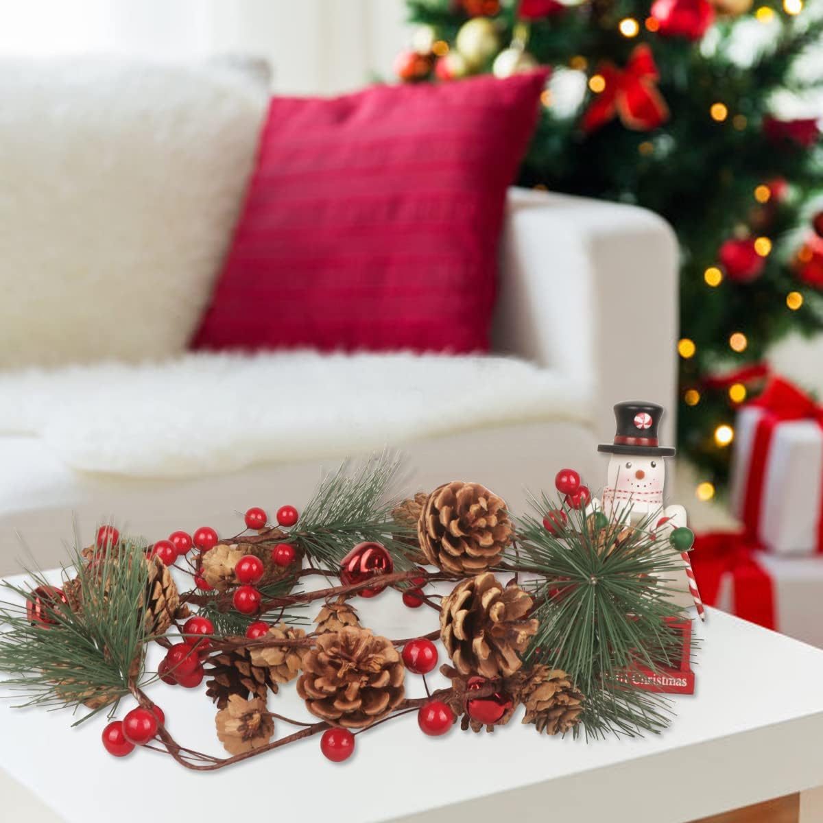 6.6Ft Christmas Garland Decorations with Red Bells Xmas Wreath Decorations Christmas Wreath with Red Berry Branches Pinecone for Front Door Fireplace Stairs Mantle Outside Window Ledge