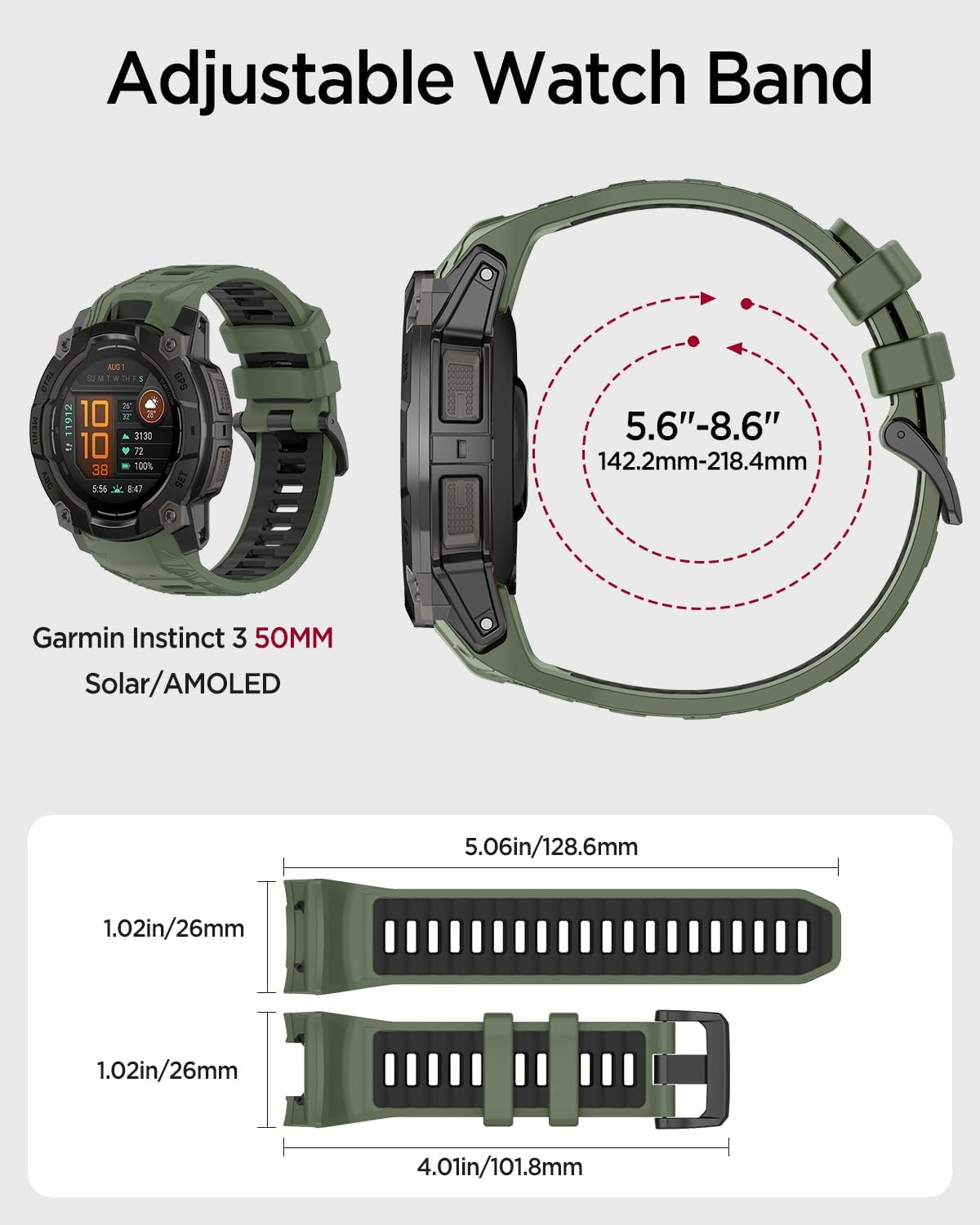 Miimall Silicone Band Compatible for Garmin Instinct 3 45mm/50mm, Waterproof, Quickfit, 22mm/26mm Soft Adjustable Bracelet Replacement Watch Strap for Instinct 3 SOLAR/AMOLED for Men Women - Image 5