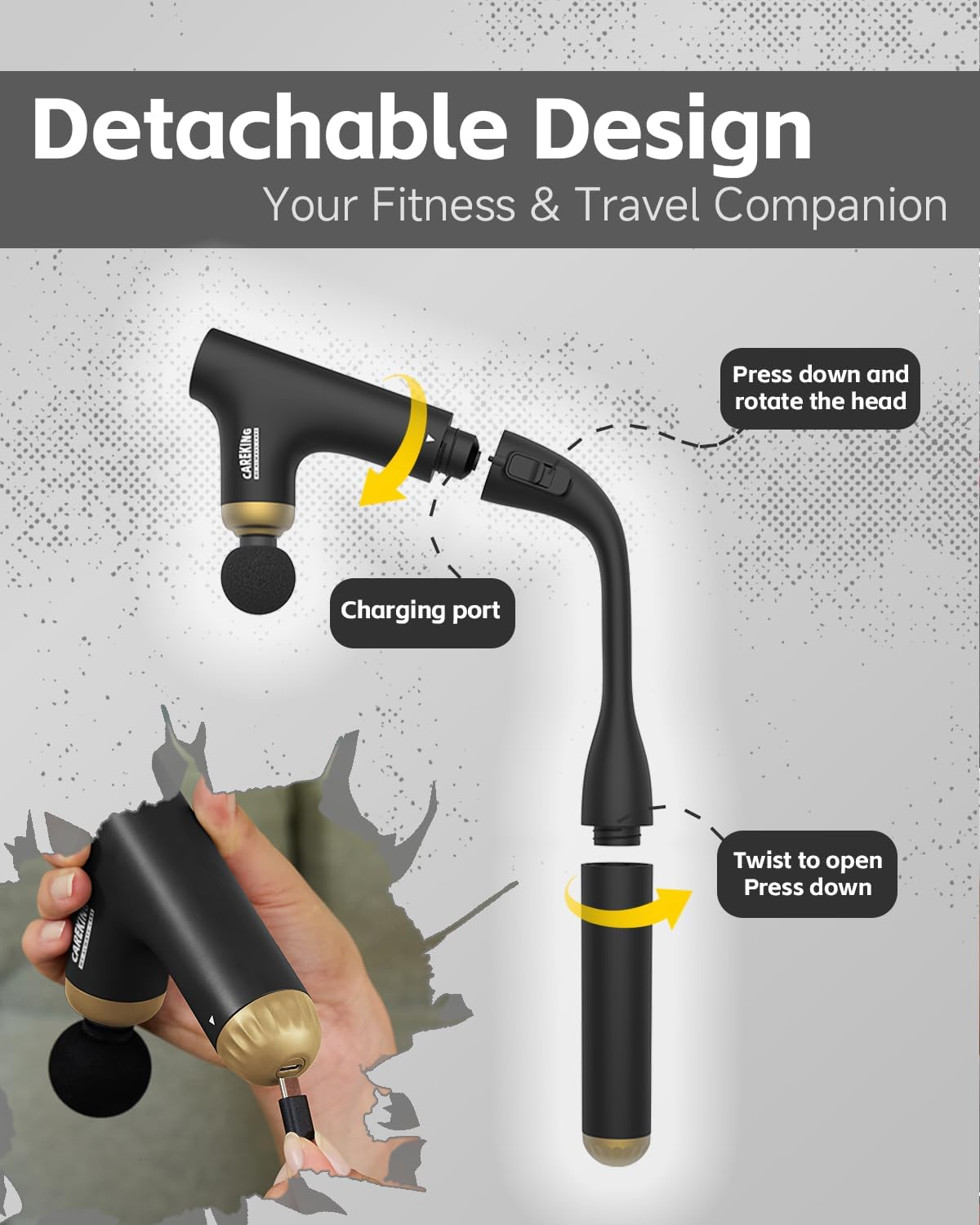 3-in-1 Muscle Massager Gun Deep Tissue with Long Handle, Back Massager for Pain Relief, Handheld Percussion Massager for Shoulder, Arm, Thigh, Waist, Neck