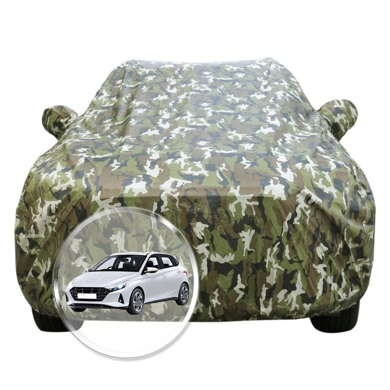 Image of NEODRIFT 'JungleTech' Car Cover for Hyundai i20 (Back Long Antenna) (Tailored Fit,100% Water-Resistant, Multi-Layered & Breathable Fabric, All Weather Protection) (Colour: Military) (Model: 2020-2026)
