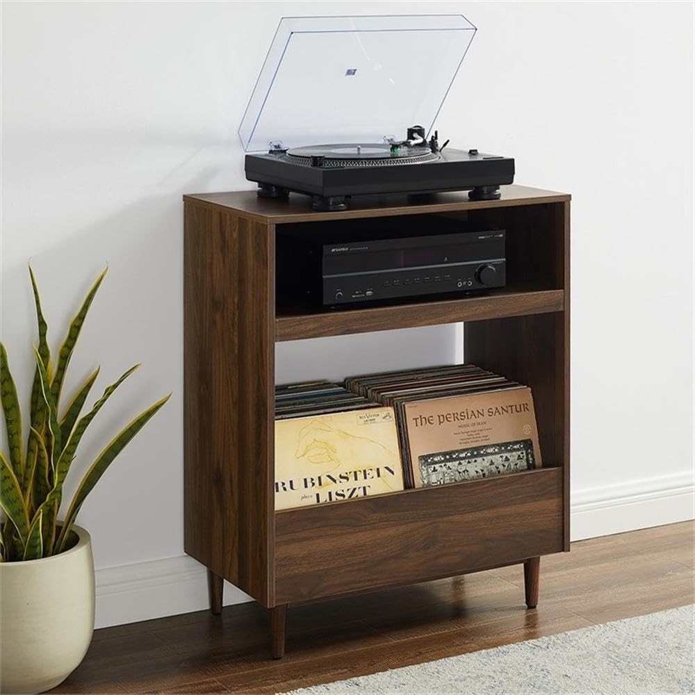 Pemberly Row Modern Wood Record Player Stand, Walnut Finish, 36.25"H x 28"W x 15.75"D, Shelves for Vinyl Storage, Adjustable Levelers, Open-Back Media Stand, Indoor Furniture for Music Room or Living