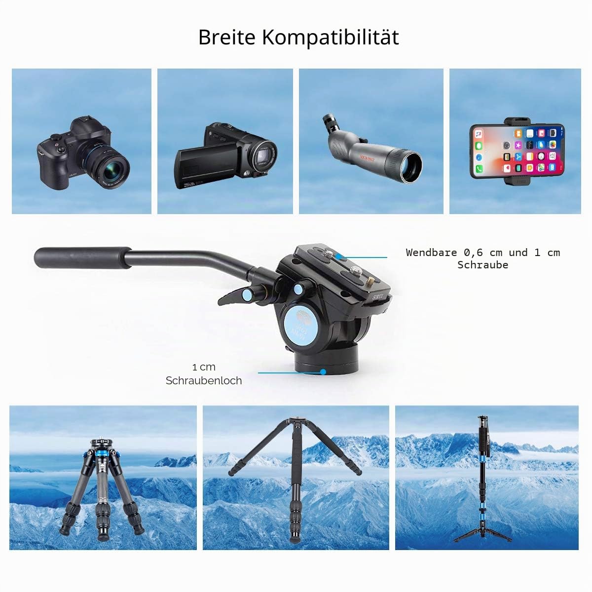 SIRUI AM-5V Fluid Video Kopf Leichtgewicht, 360° Panorama Schwenkneiger mit Arca Swiss Schnellwechselplatte, Tragkraft 3kg für Videokamera, DSLR Kamera