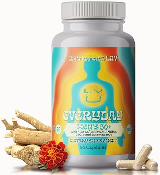 LUV EverydayTM Mens 50+ Multivitamin - Adult Formula Daily Nutritional Support with Iron, Calcium, KSM-66 Ashwaganda, CoQ10, Lycopene, and Lutemax 2020- Vegetarian Gluten-Free & Non-GMO - 60 Capsules