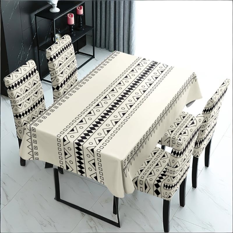 Image of Styleys Dining Chair Covers with Rectangular Table Cover | Waterproof Dining Table Cloth for Kitchen & Dining Room - 1 Table Cover + 4 Chair Cover, Black and Cream Tribal, XKFSZB-25A