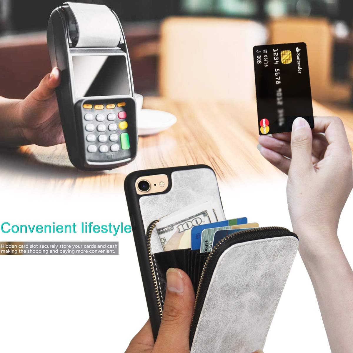 iPhone 8 Wallet Case, JLFCH iPhone 7 Wallet Zipper Case with Credit Card Slot Card Holder Crossbody Strap Purse Mini Handbag Leather Back Protective Case for iPhone 8/7, 4.7 inch - Silver