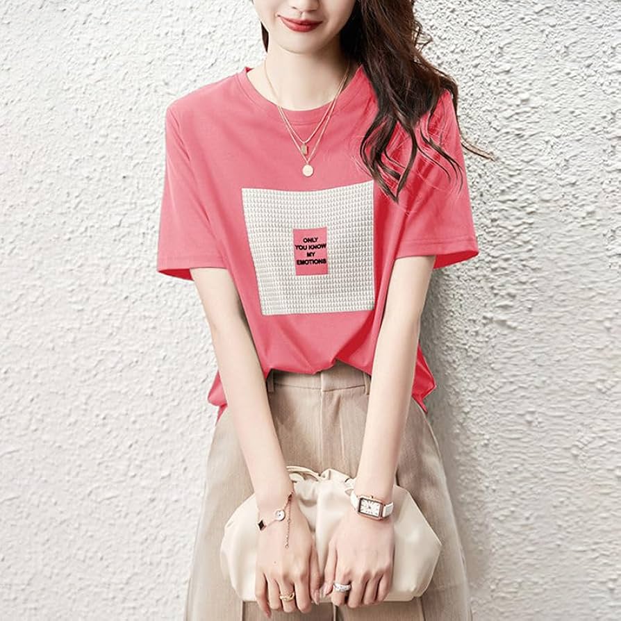 Amazon.co.jp: ピンク純綿半袖Tシャツ女性2023年新型夏シックで