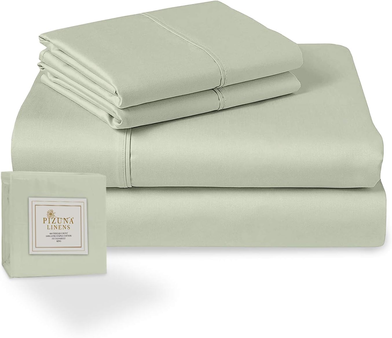 Pizuna 400 Thread Count Cotton 4 Piece Bed Sheet Set Light Sage, 100% Long Staple Cotton Soft Satin Full Sheet Set- 1 Fitted Sheet, 1 Flat Sheet & 2 Pillow Cases (100% Cotton full Bed Sheet Set)